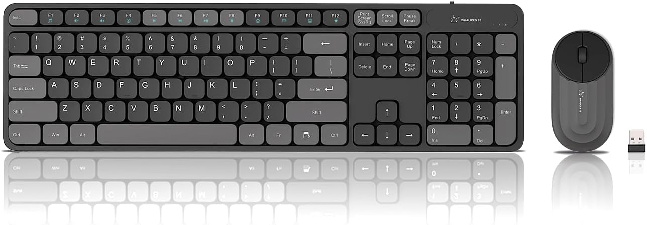 Whalices 52 Combo de teclado y mouse inalámbricos, teclas planas gr...