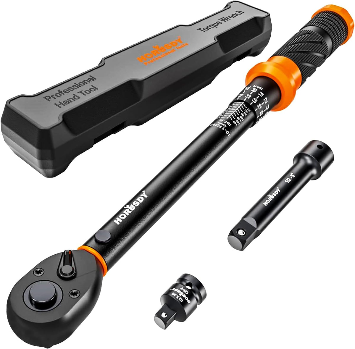 HORUSDY Juego de llaves dinamométricas de clic de accionamiento de 1/2 pulgada – 10-170 ft-lb / 13.6–230.5 Nm, ±3% de precisión, escala doble, cabezal reversible de 72 dientes con extensión de 5