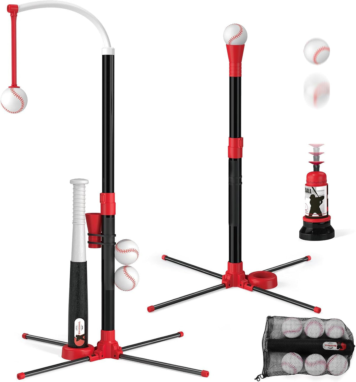 Juego de béisbol 3 en 1 - Altura ajustable, juego de bate de tee colgante con máquina de lanzamiento automática/6 bolas/bate retráctil, soporte de tball adecuado para exteriores, juguetes