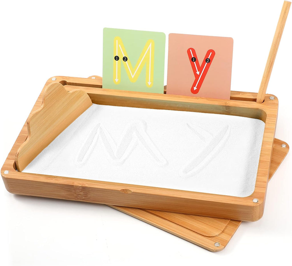 AtMini Bandeja de arena para el aula, bandeja de arena Montessori de madera con tapa para niños que escriben letras y números, imprescindible para el aula preescolar