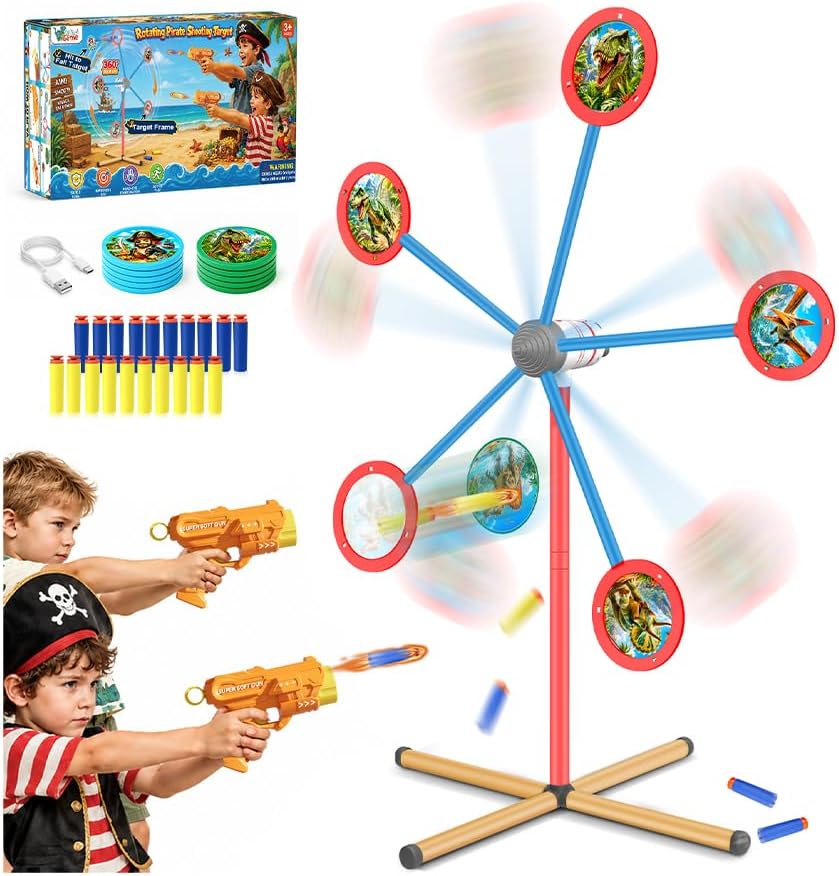 Juegos de disparos giratorios para niños, 2 pistolas de juguete y 20 dardos, objetivos de dinosaurios y cohetes piratas compatibles con pistolas Nerf, regalos de cumpleaños de carnaval al aire libre
