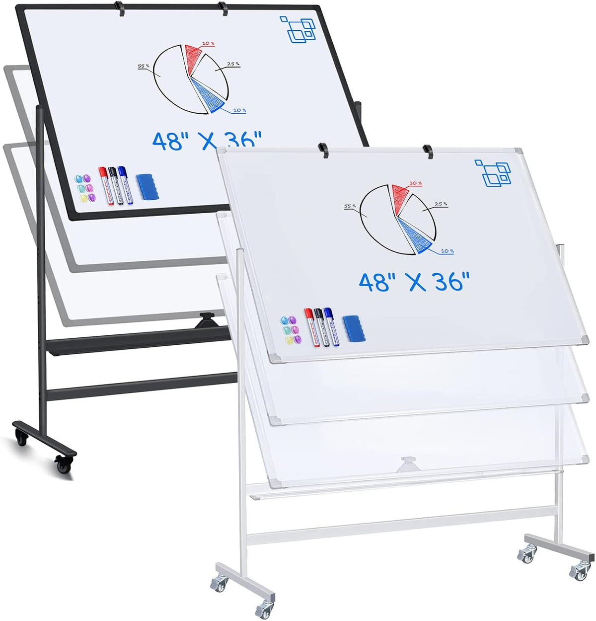 maxtek - Pizarra blanca móvil grande de altura ajustable, 48 x 36 pulgadas, pizarra blanca magnética con soporte, pizarra de borrado en seco de doble cara sobre ruedas para el hogar, la oficina y el aula