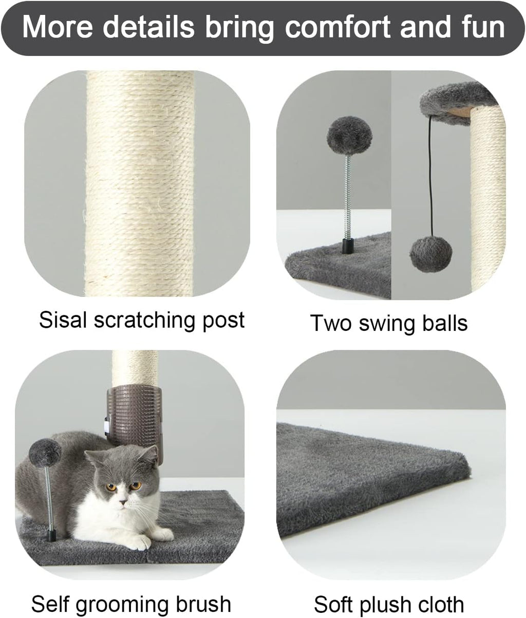 PEEKAB Poste rascador de sisal para gatos de 32 pulgadas de alto, con bola colgante y cepillo de auto-masaje, rascador vertical para gatos y gatitos de interior, color gris, 32 pulgadas