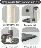 PEEKAB Poste rascador de sisal para gatos de 32 pulgadas de alto, con bola colgante y cepillo de auto-masaje, rascador vertical para gatos y gatitos de interior, color gris, 32 pulgadas
