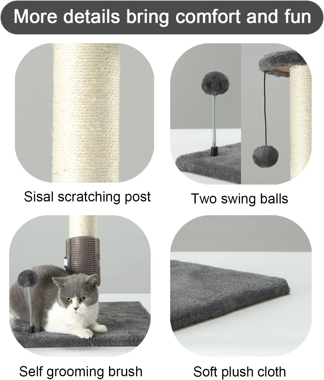 PEEKAB Poste rascador de sisal para gatos de 32 pulgadas de alto, con bola colgante y cepillo de auto-masaje, rascador vertical para gatos y gatitos de interior, color gris, 32 pulgadas