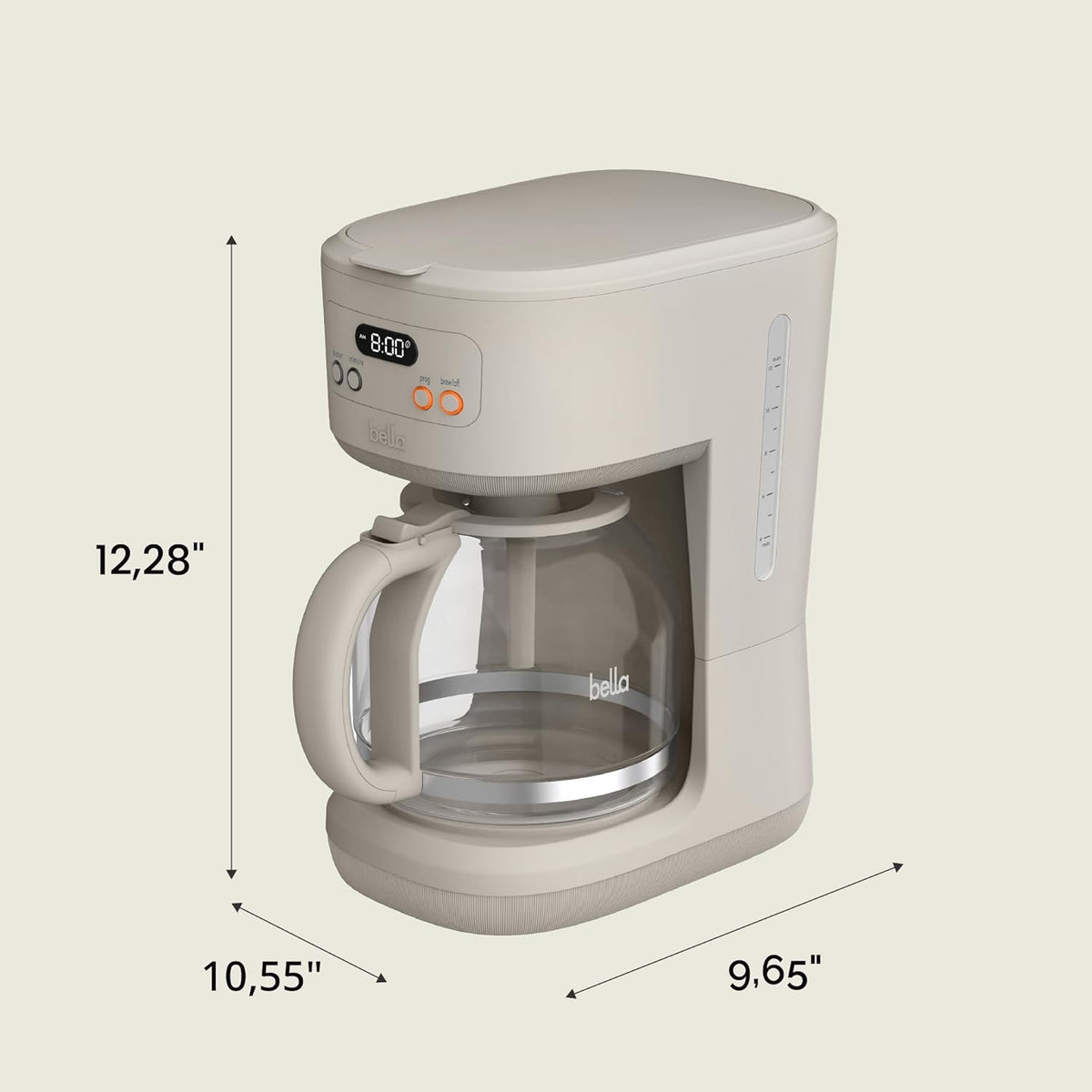 BELLA Cafetera programable de 12 tazas, reutilizable, apta para lavavajillas, pantalla LCD fácil, apagado automático, 900 vatios, leche de avena
