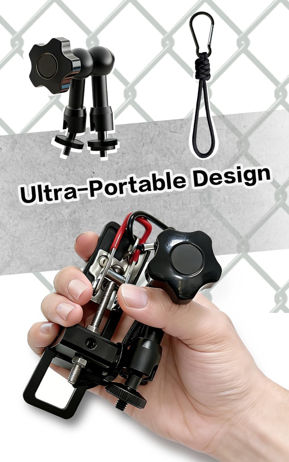 Soporte de valla para Mevo Start y iPhone, soporte de clip de valla ajustable con tres puntos de montaje de cámara de 1/4 pulgadas, kit de montaje de cambio de juego de configuración rápida