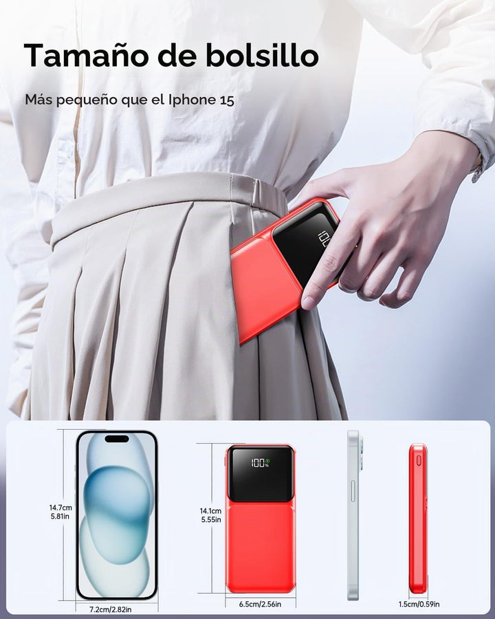 Cargador Portátil con Cable Integrado - Power Bank de 20000mAh USB...