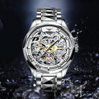 Relojes automáticos de esqueleto para hombre, reloj de pulsera de lujo mecánico de cuerda automática de cristal de zafiro, reloj de acero de tungsteno, 164 ft, impermeable, luminoso, sin batería, AA- Silver White