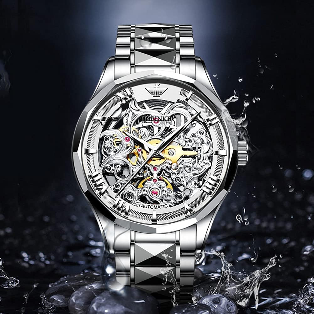 Relojes automáticos de esqueleto para hombre, reloj de pulsera de lujo mecánico de cuerda automática de cristal de zafiro, reloj de acero de tungsteno, 164 ft, impermeable, luminoso, sin batería, AA- Silver White