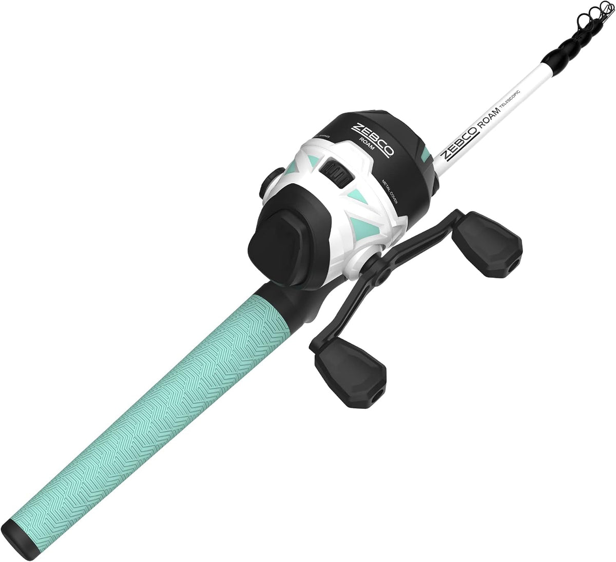 Zebco Roam - Combo de caña de pescar telescópica y carrete de pesca giratorio o spincast, caña de fibra de vidrio duradera de 6 pies con mango ComfortGrip, pre-enrollada con línea de pesca Zebco Cajun