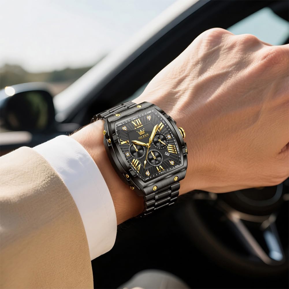 OLEVS Reloj para Hombres Analógico Cuarzo Lujo Diamante Resistente al Agua Cronógrafo Acero Inoxidable Carita Grande Cuadrado Fecha Fase Lunar Romano Relojes de Vestir para Hombres