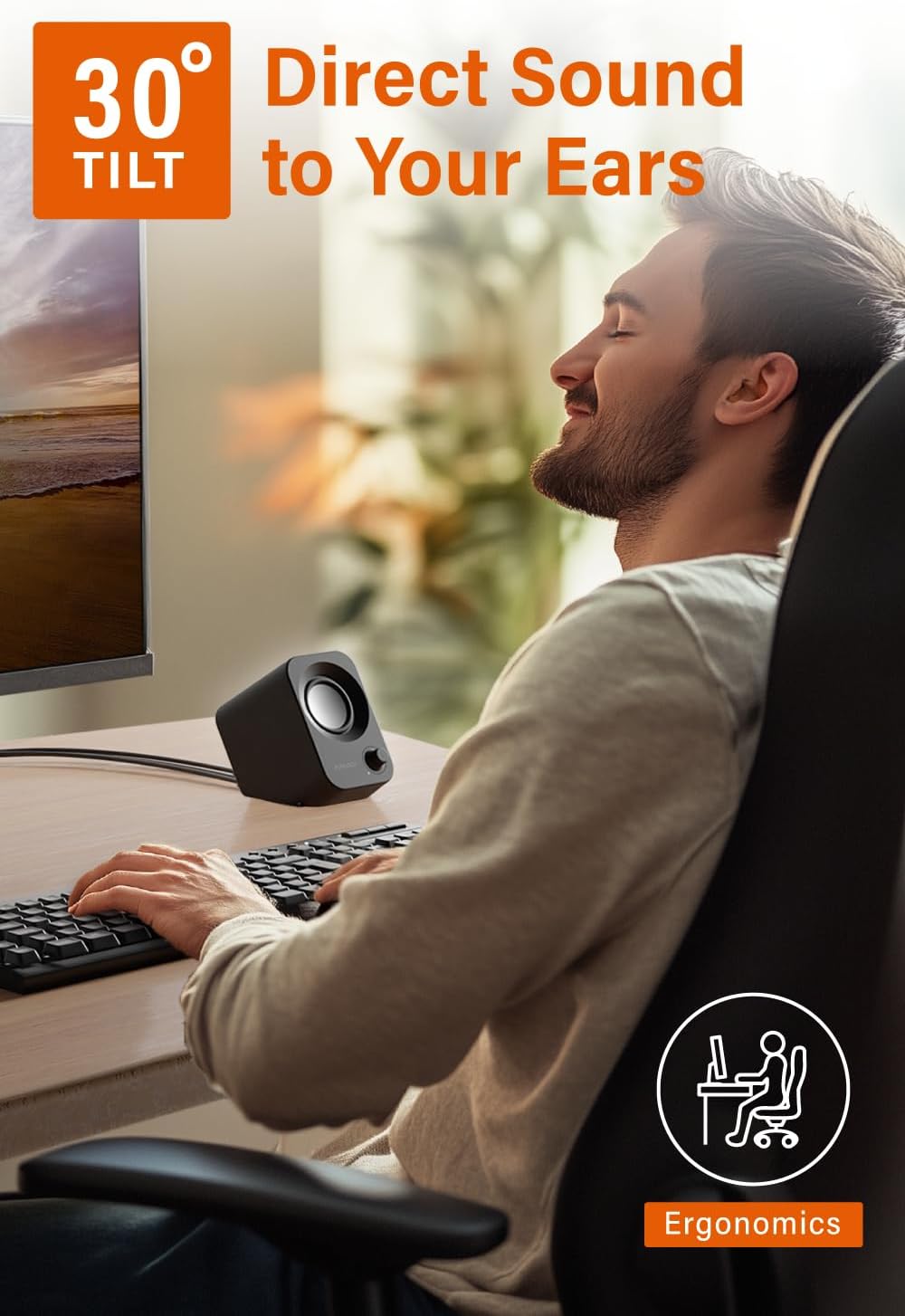 FUNLOGY Altavoz - Altavoces de PC estéreo de 14W, alimentados por USB, tamaño compacto con diseño de inclinación de 30°, control de dial de volumen, para escritorio, portátil, monitor, consolas de