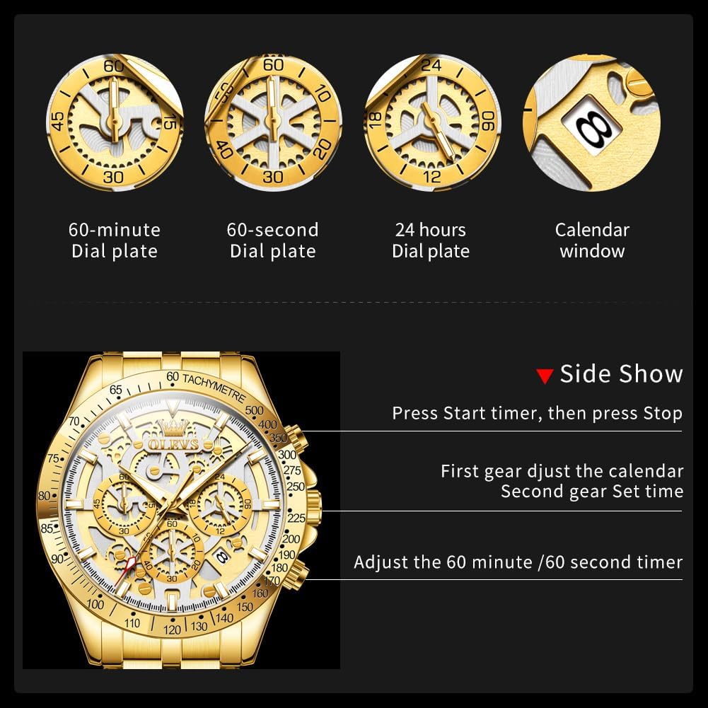 OLEVS Reloj para Hombres Esqueleto Negocio Vestir Acero Inoxidable Impermeable Luminoso Reloj de Pulsera para Hombres