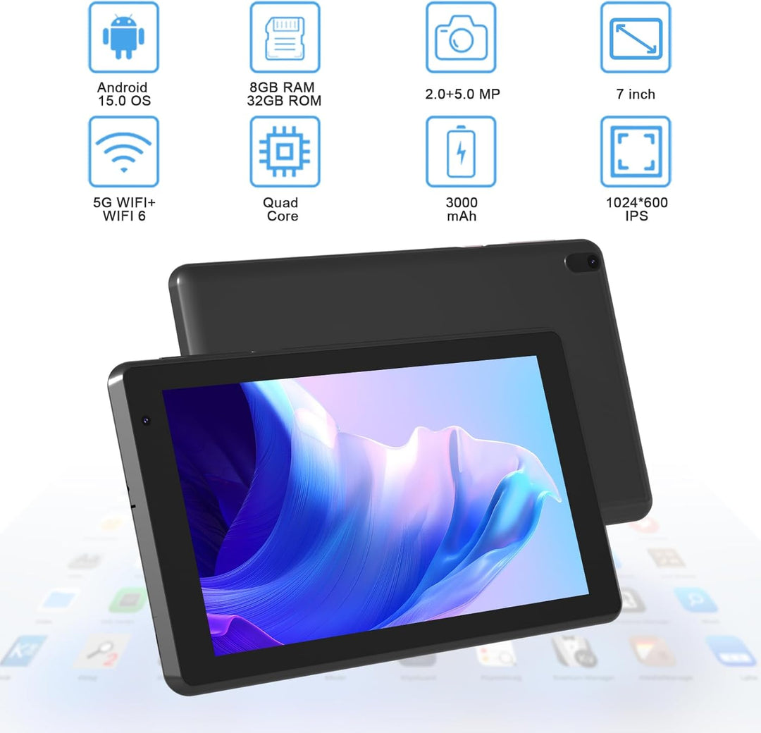 Tablet Android 15 Tablets con funda 7 pulgadas, 8GB RAM, 32GB ROM s...
