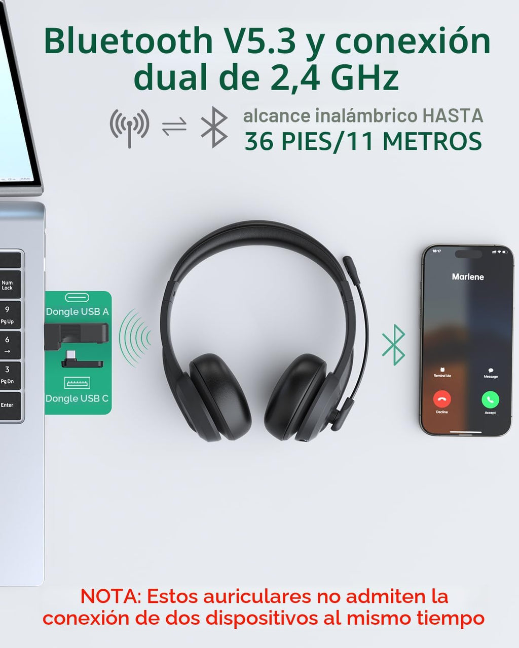 AOC Auriculares inalámbricos con micrófono para trabajo, cancelación de