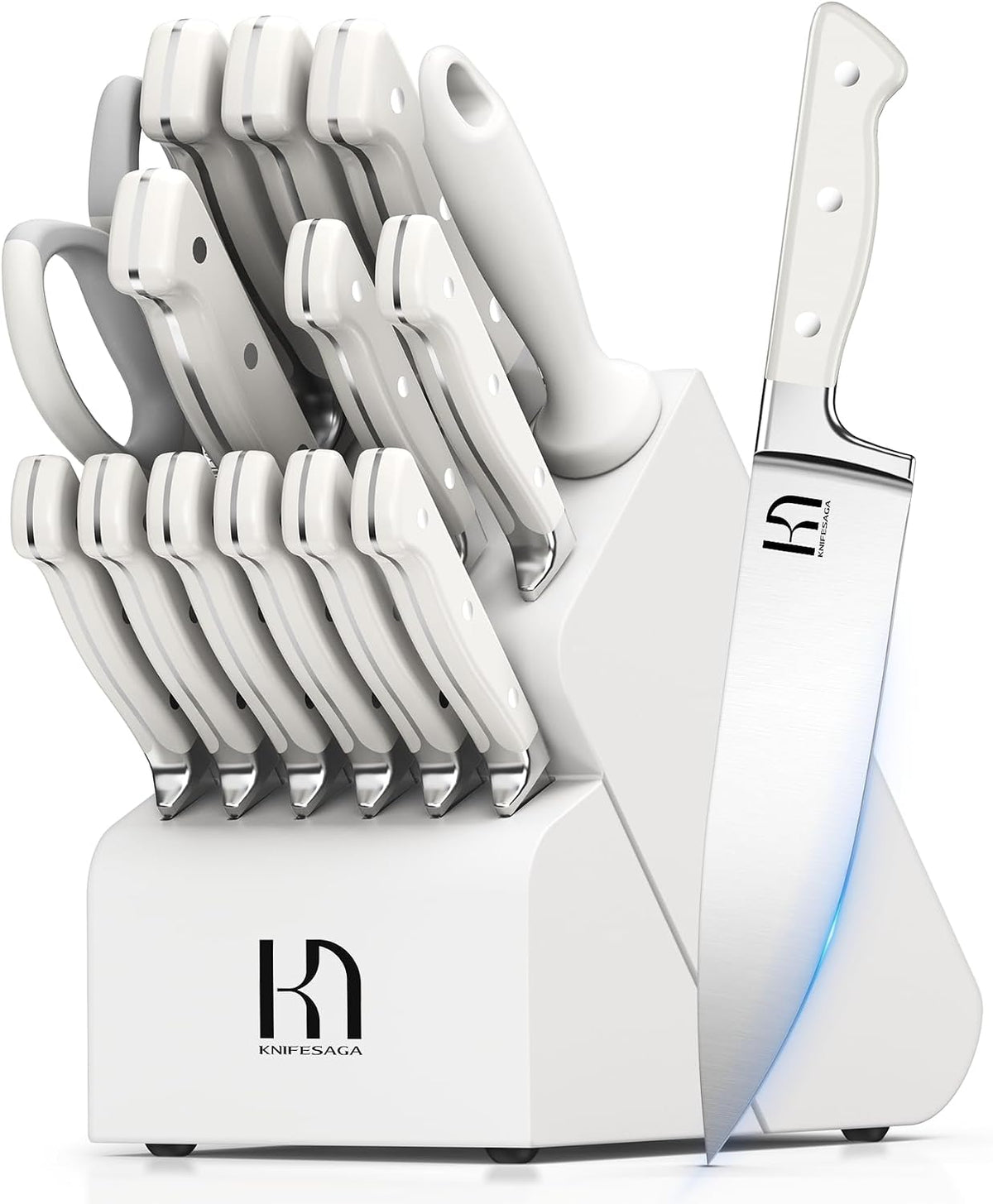 KnifeSaga Juego de Bloque de Cuchillos de Cocina, Juego de Cuchillos Ultra Afilados de 15 Piezas Duraderas, Acero Inoxidable de Alto Carbono Japonés, Cuchillos Forjados Premium para Cocina y Chefs
