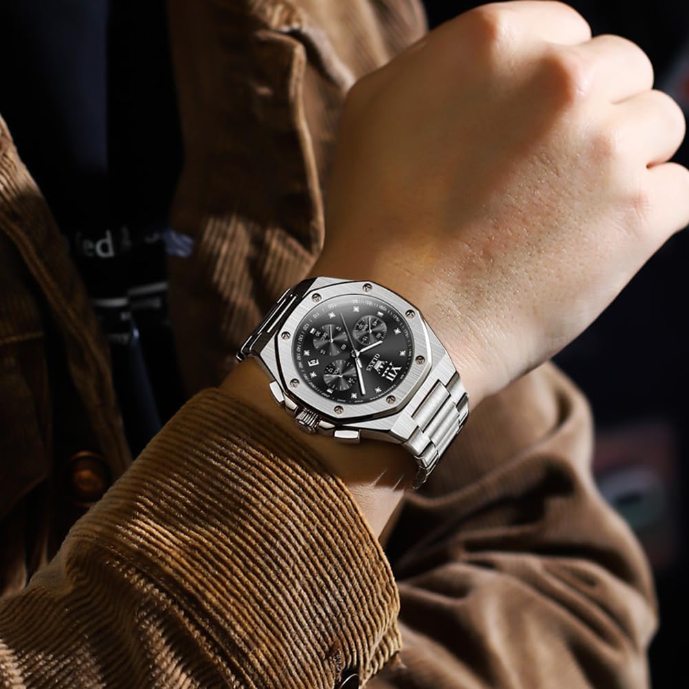 OLEVS Reloj para hombre Big Face Acero inoxidable Impermeable Luminoso Diamante
