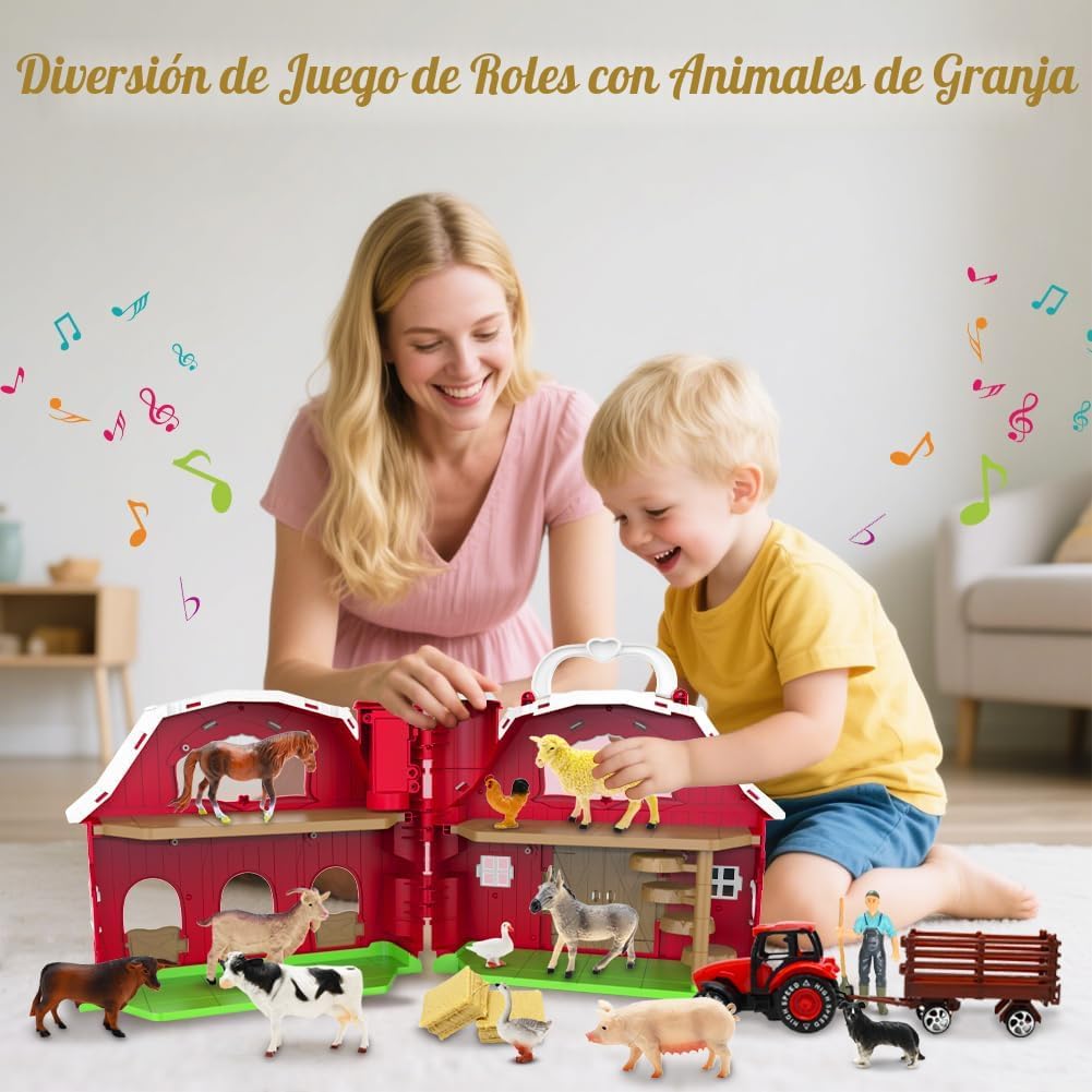 Juguetes de granero rojo para niños pequeños de 1 a 3 años, figuras...