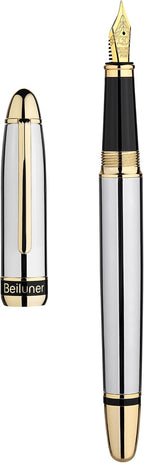BEILUNER Pluma estilográfica cromada plateada 315, impresionantes plumas de lujo con acentos de oro de 24 quilates, hermosa plumilla dorada de 24 quilates (mediana), convertidor de tinta, regalo de