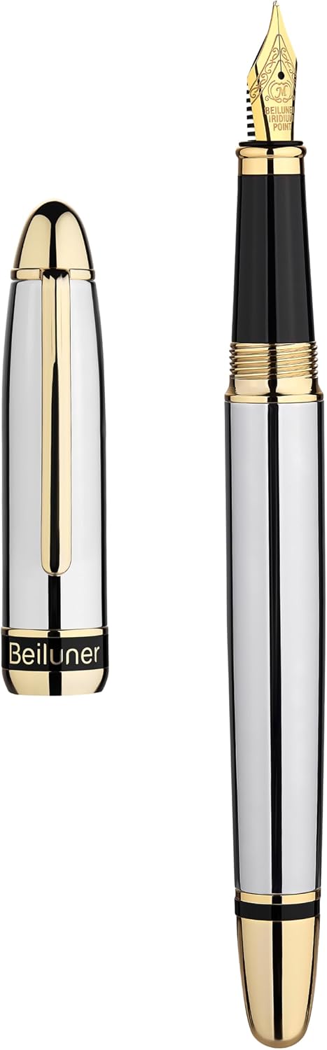 BEILUNER Pluma estilográfica cromada plateada 315, impresionantes plumas de lujo con acentos de oro de 24 quilates, hermosa plumilla dorada de 24 quilates (mediana), convertidor de tinta, regalo de