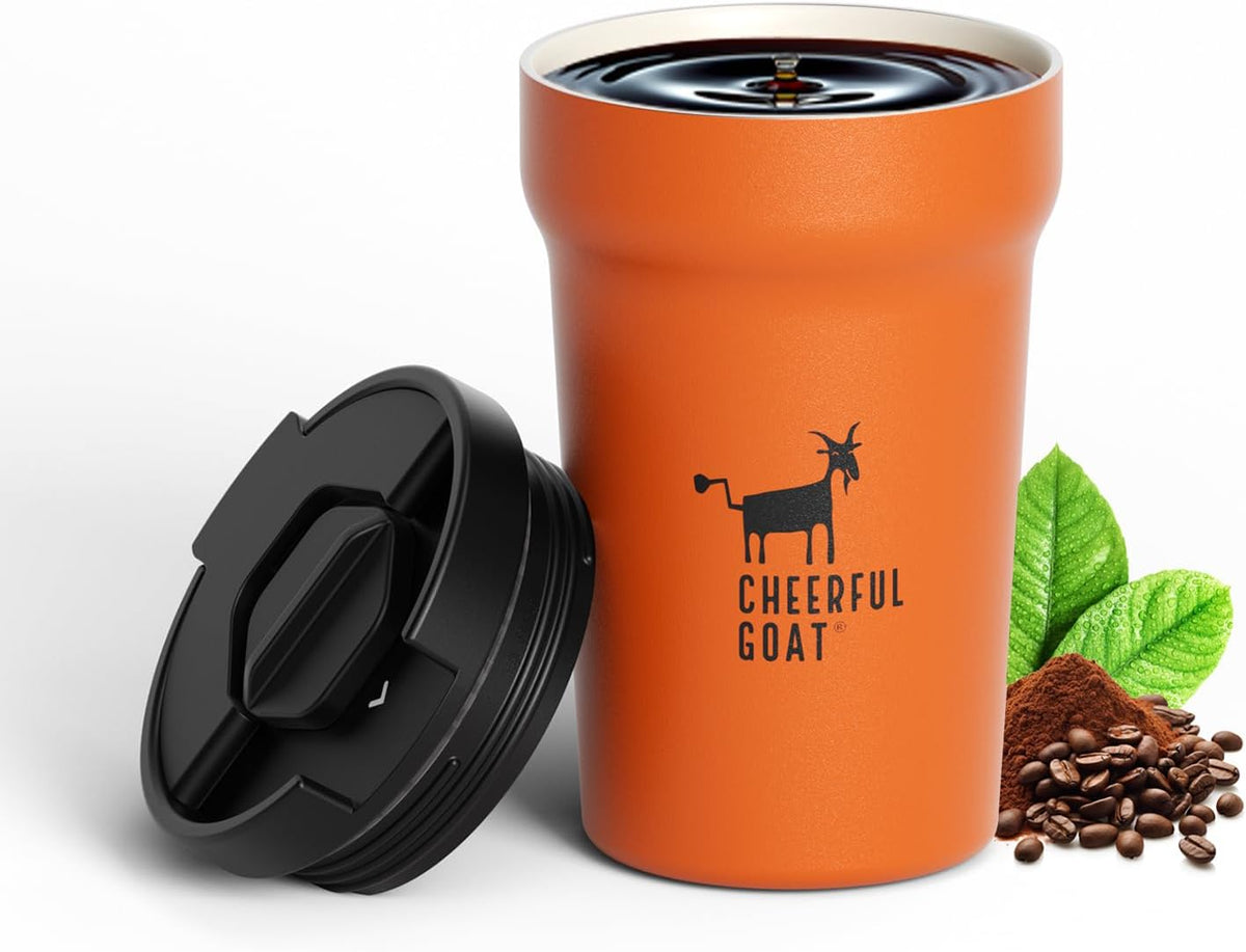 CHEERFUL GOAT Taza de Café Aislada – Vaso de Café de Viaje de Acero Inoxidable con Forro de Cerámica, Taza de Café de 12oz para Café Caliente y Frío en Casa, Oficina, o Sobre la Marcha (naranja)