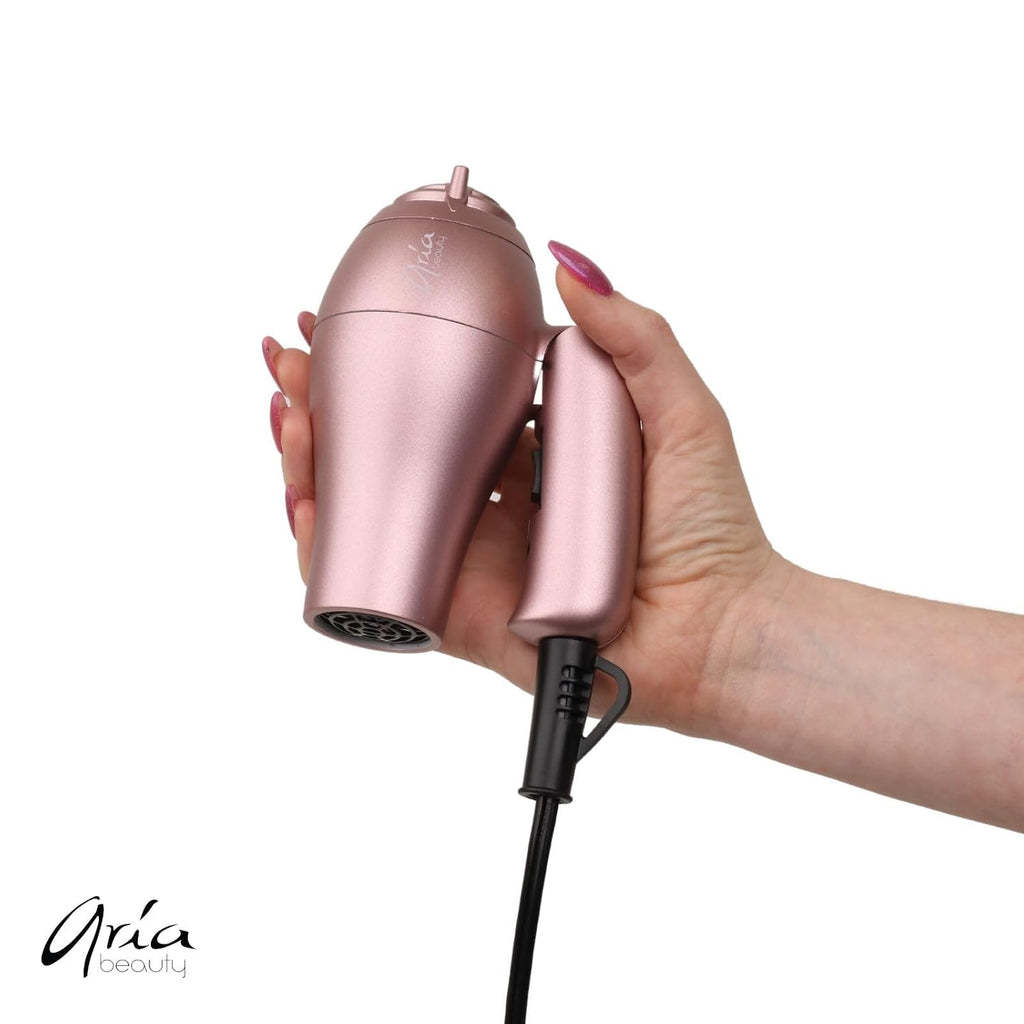 Aria Beauty Mini secador plegable compacto, doble votaje, difusor y boquilla concentradora incluida, diseño ligero, perfecto para viajes, 1000 W