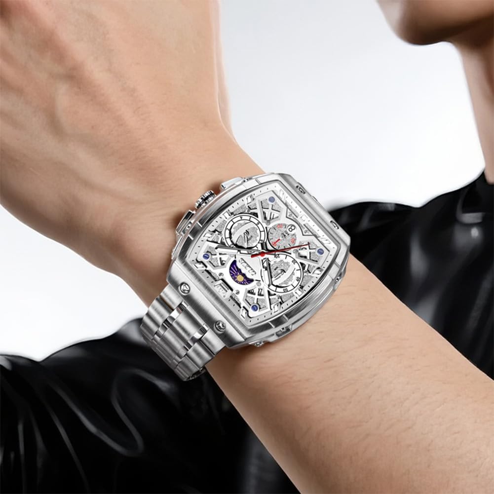OLEVS Relojes para Hombre Multifuncionales de Negocios, Estilo Cuadrado, Acero Inoxidable, Resistente al Agua, Luz Luminosa, Lujo Casual, Pulsera para Hombre