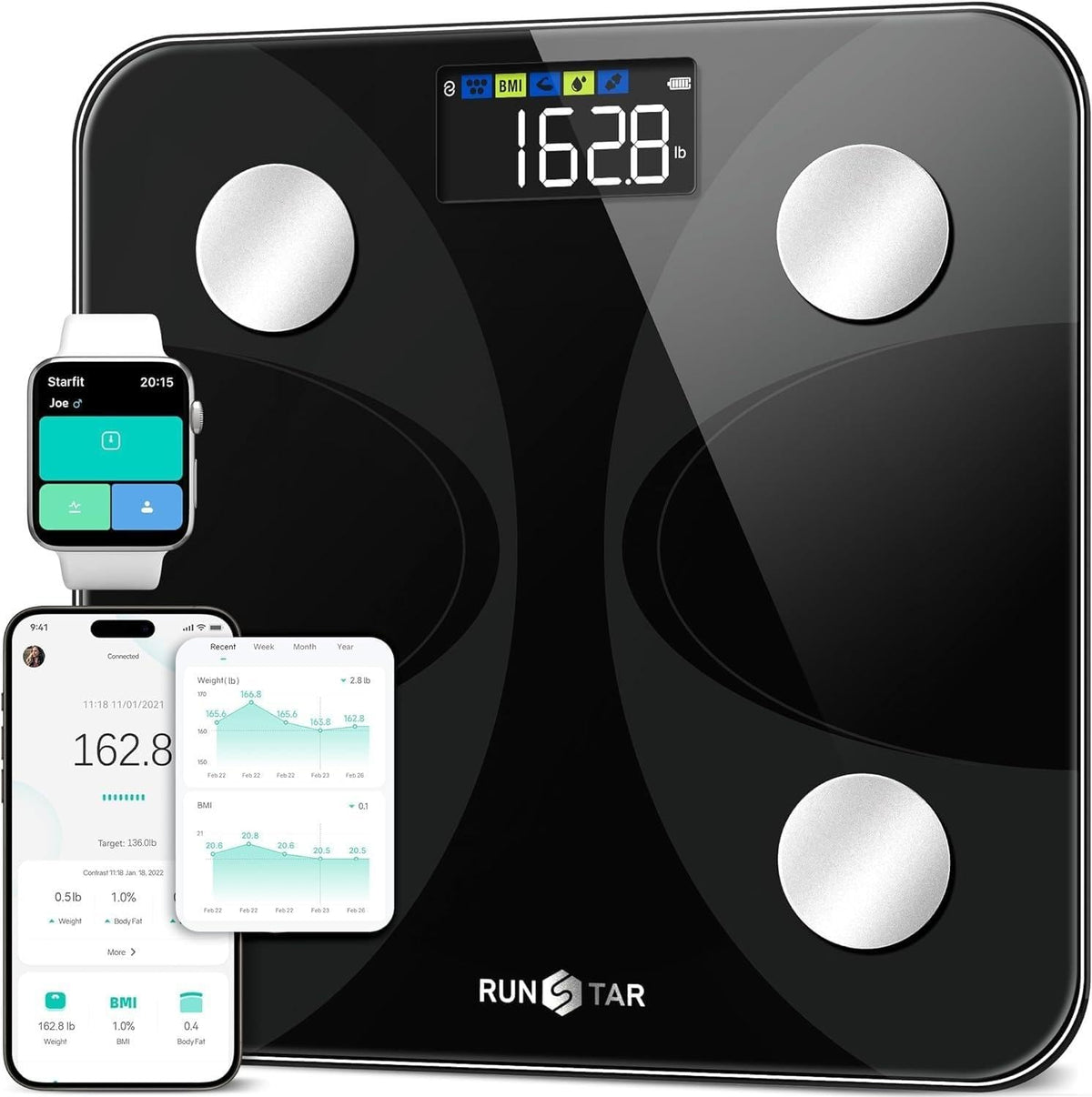 Báscula para peso corporal y porcentaje de grasa, RunSTAR digital precisa para baño, báscula inteligente con pantalla grande, apta para FSA y HSA, analizador de 13 datos de composición corporal