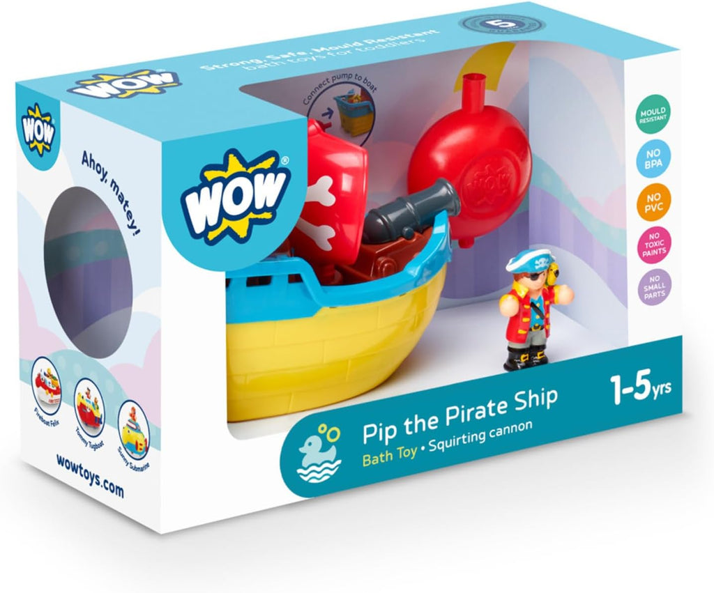 Wow Toys Pip The Pirate Ship - Barco pirata alimentado por fricción con figuras y cañón | Sin baterías, juguete duradero de baño o sala de juegos para niños pequeños de 1 a 5 años