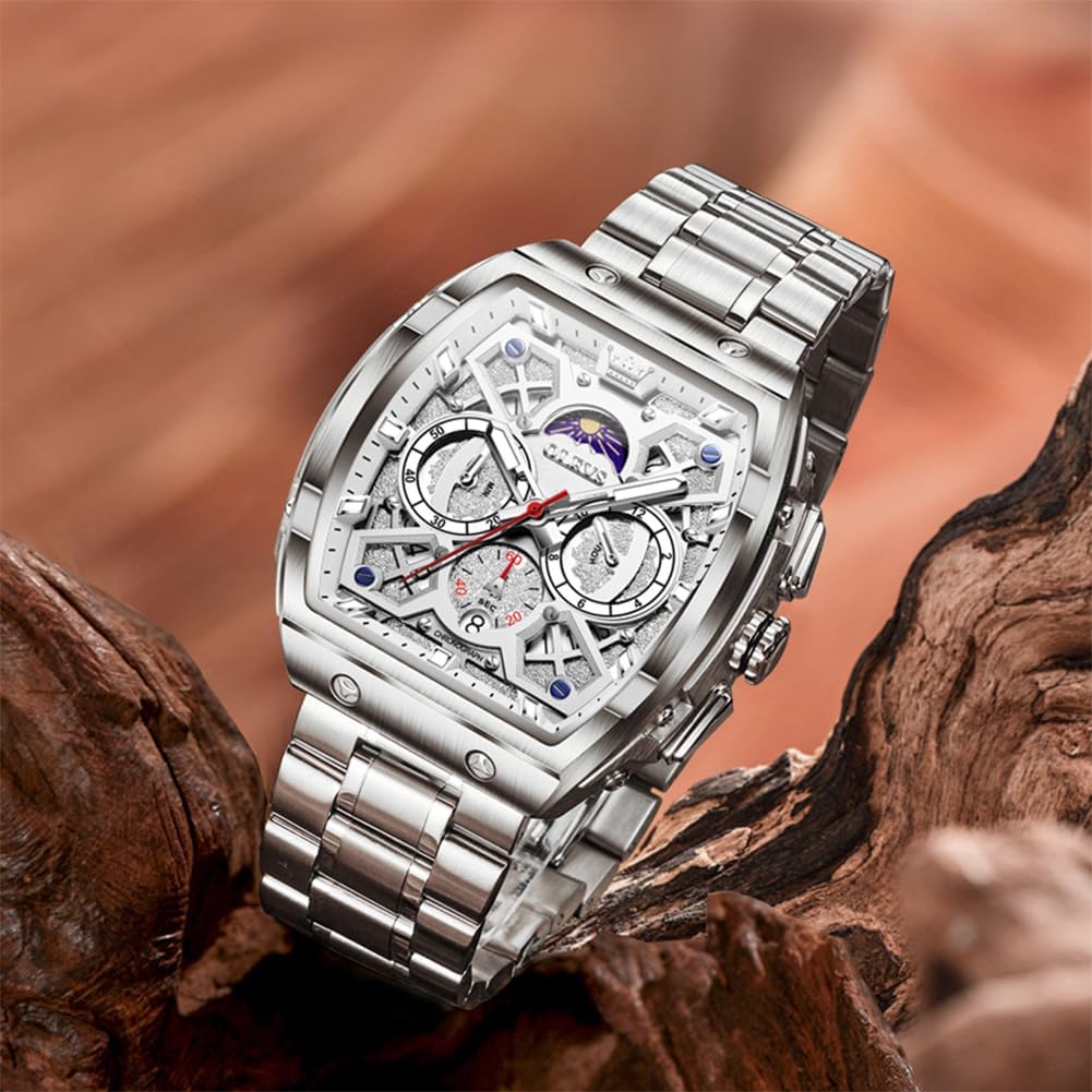 OLEVS Reloj para Hombres Analógico Cuarzo Lujo Diamante Resistente al Agua Cronógrafo Acero Inoxidable Carita Grande Cuadrado Fecha Fase Lunar Romano Relojes de Vestir para Hombres