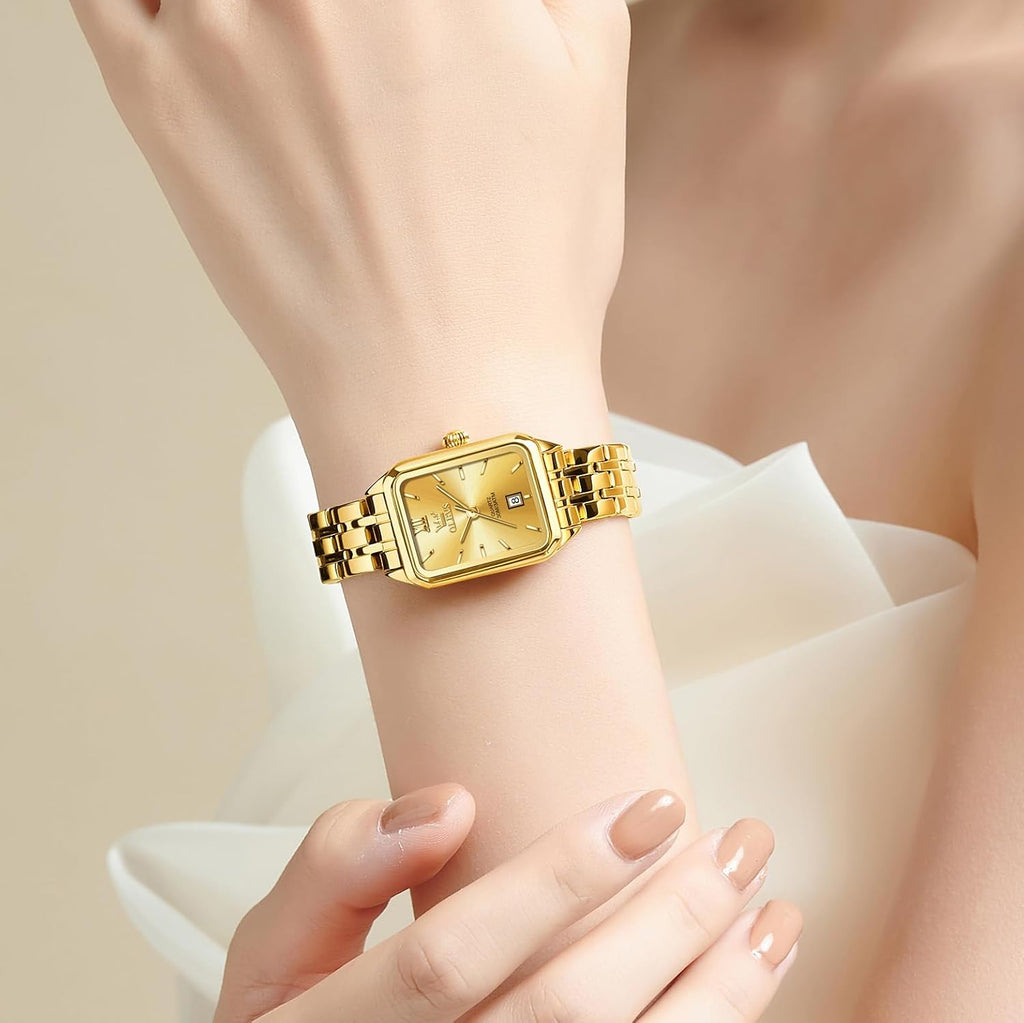 OLEVS Reloj de mujer de oro de acero inoxidable, reloj de cara cuadrada pequeña con decoración de diamantes, reloj de vestir de cuarzo analógico de lujo para mujer, reloj de pulsera impermeable con