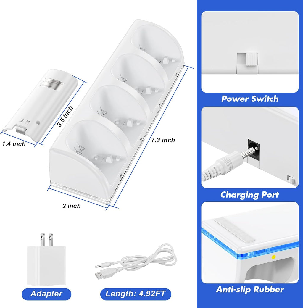 Estación de carga de control remoto para Wii/Wii U con paquete de 4 baterías recargables de 2800 mAh, estación de carga para controlador Wii, controles remotos no incluidos