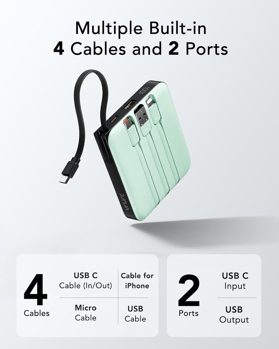 VRURC Cargador Portátil USB C, Banco de Energía con Cable Integrado...