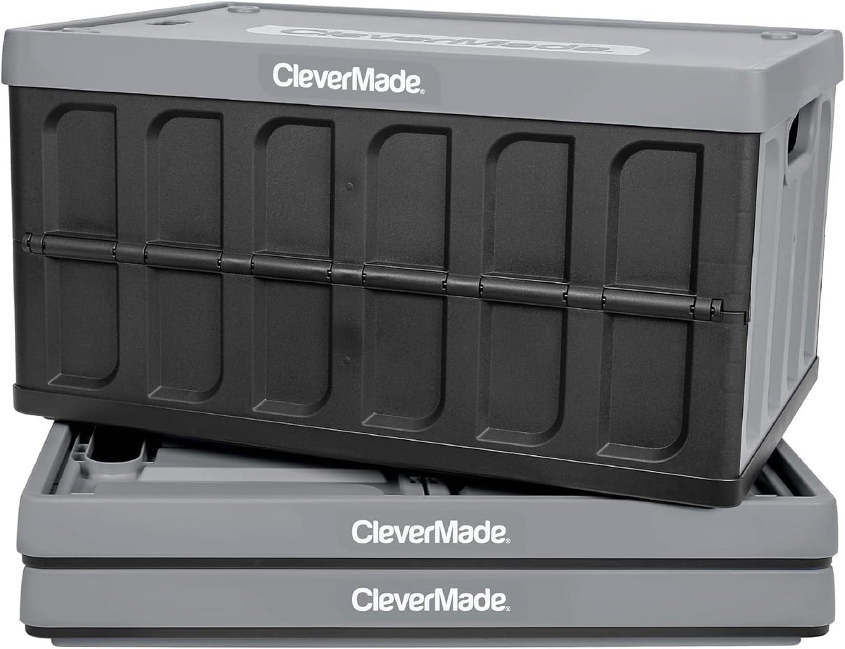 CleverMade - Contenedores de almacenamiento plegables con tapas, 46 litros, paquete de 3, 75 libras, color piedra