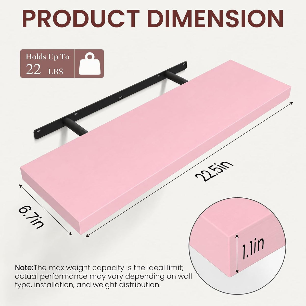 BAYKA Estantes Flotantes Rosados de 22.5 pulg., Juego de 3, Montados en la Pared para Decoración de Pared