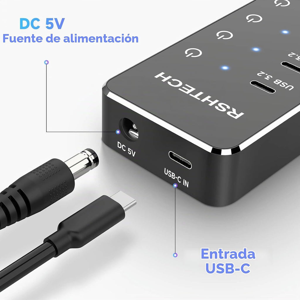 RSHTECH, RSH-ST07C, hub USB 3.2 de 7 puertos, alimentado, adaptador 5V/3A