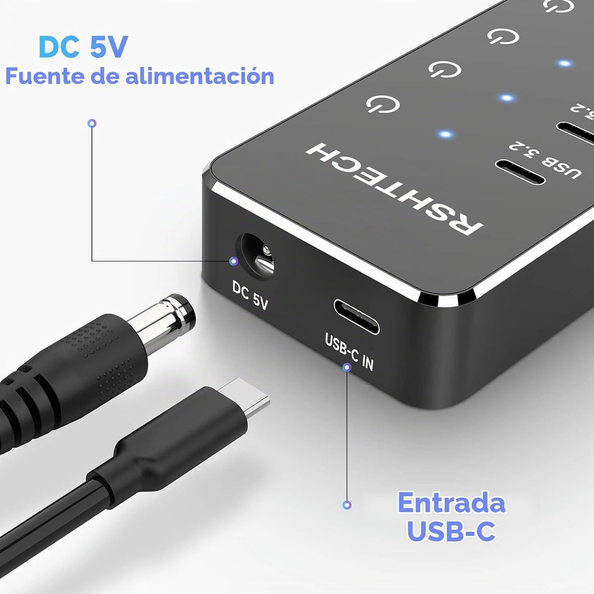 RSHTECH, RSH-ST07C, hub USB 3.2 de 7 puertos, alimentado, adaptador 5V/3A
