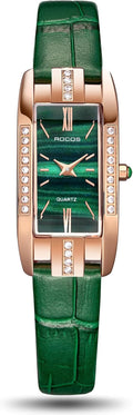 ROCOSJEWE Reloj Elegante para Mujer - Esfera Verde Correa de Cuero Caja en Oro Rosa, Reloj Analógico de Cuarzo Vestido, Reloj de Pulsera Impermeable de Moda Regalo para Mujer RW0209S