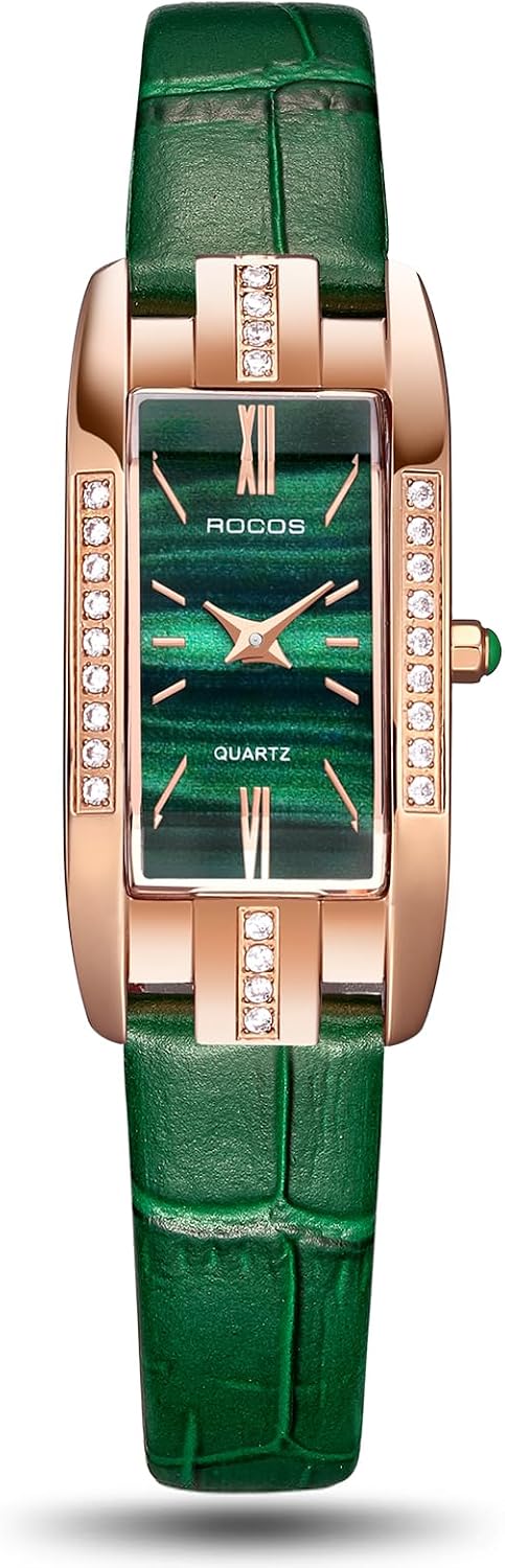 ROCOSJEWE Reloj Elegante para Mujer - Esfera Verde Correa de Cuero Caja en Oro Rosa, Reloj Analógico de Cuarzo Vestido, Reloj de Pulsera Impermeable de Moda Regalo para Mujer RW0209S
