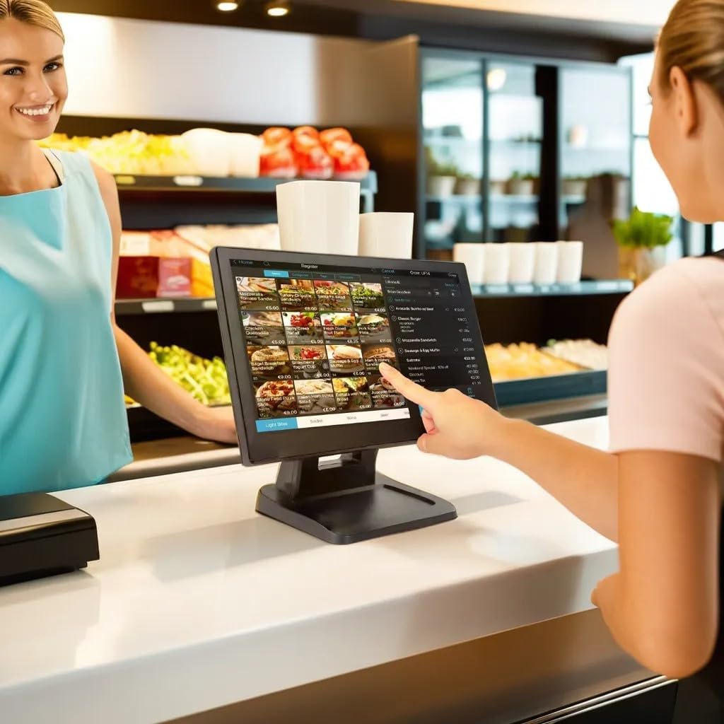 ANGEL POS Monitor POS de pantalla táctil FHD IPS de 15.6 pulgadas 1920 x 1080 con soporte de metal, 10 puntos táctiles HDMI VGA, pantalla impermeable a prueba de polvo 1080P, industrial, oficina, venta al por menor, gimnasio, almacén (negro)