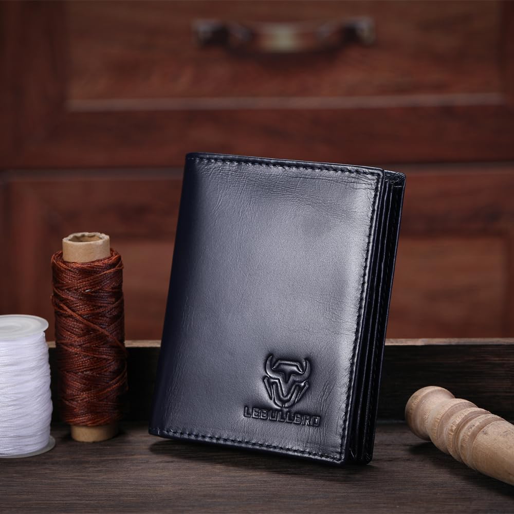 LEBULLBRO Cartera Bifold de Cuero Genuino con Bloqueo RFID Cartera...