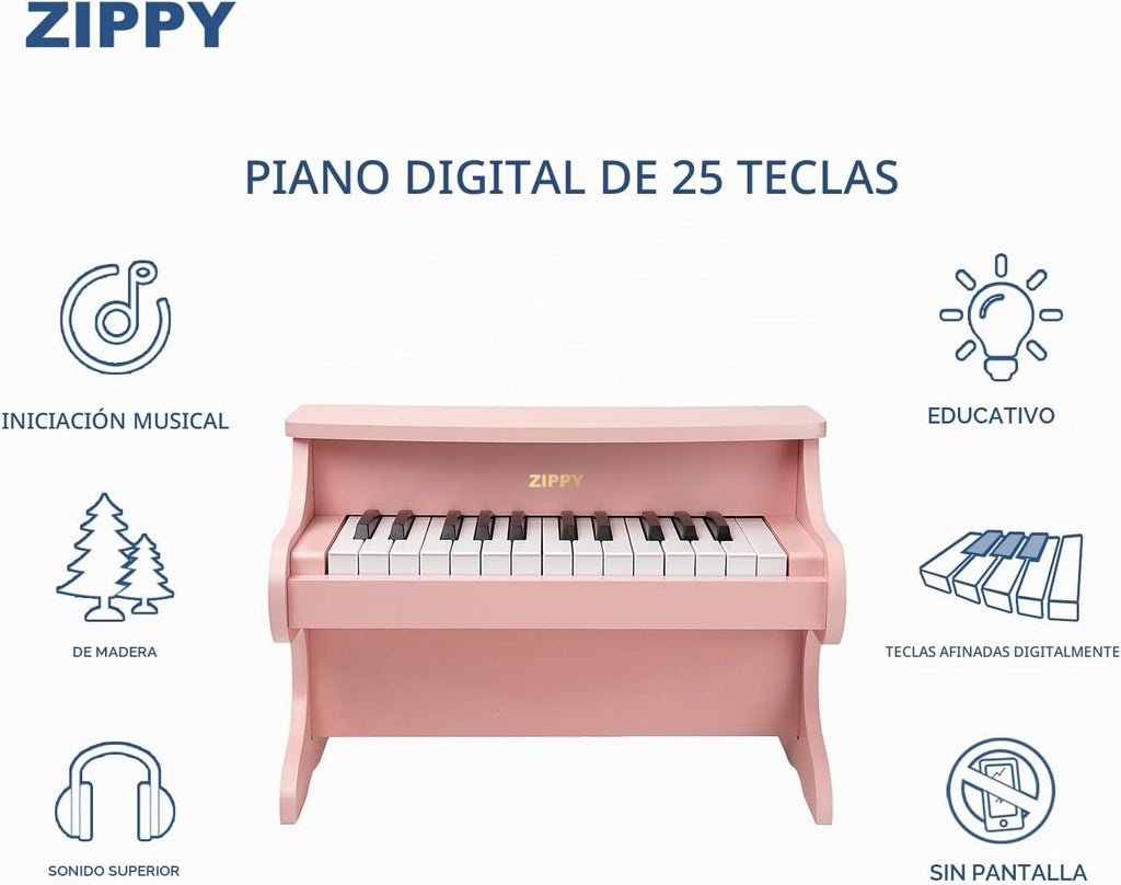 ZIPPY Teclado de piano para niños, piano digital de 25 teclas para niños, mini instrumento educativo musical, juguete de madera para niños y niñas (rosa)