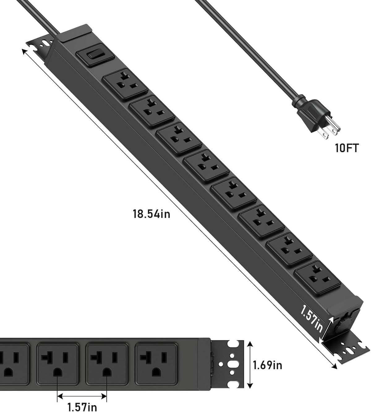Regleta de alimentación resistente para montaje en pared, protector de sobretensiones de 20 amperios 1200J de metal, 8 salidas debajo del escritorio, 20A, enchufe de mesa eléctrica de garaje