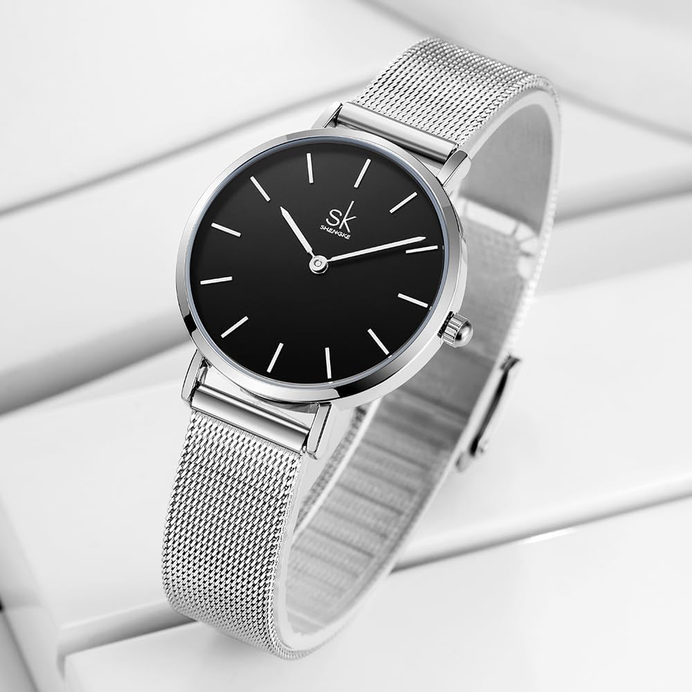 Shengke SK Ultra delgado minimalista Relojes para mujer de dos agujas Reloj de vestir de cuero para damas