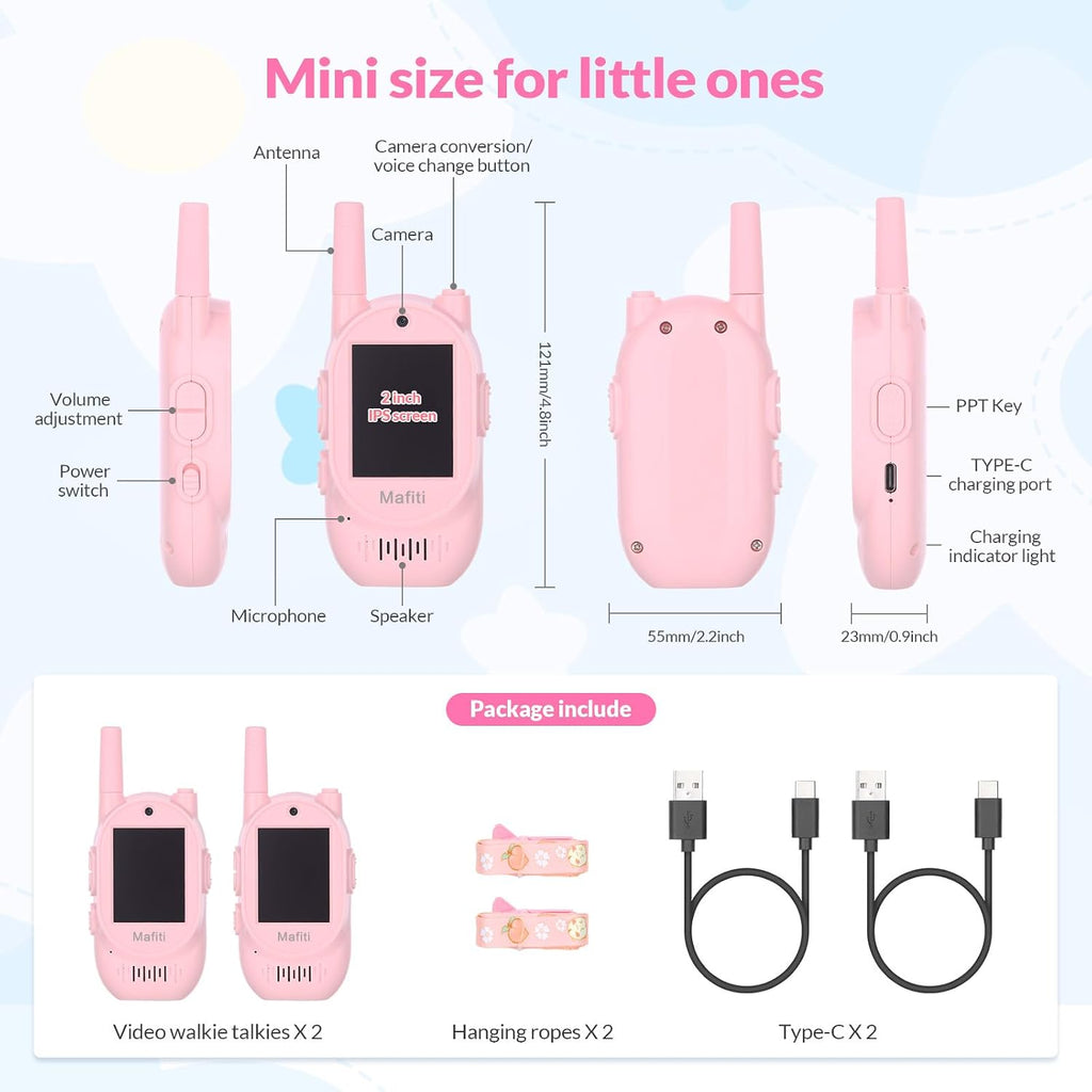Mafiti Walkie Talkies de video para niños, paquete de 2 juguetes recargables de alcance de 1000 pies para niños de 3, 4, 5, 6, 7, 8 años, regalos de cumpleaños (rosa + rosa)