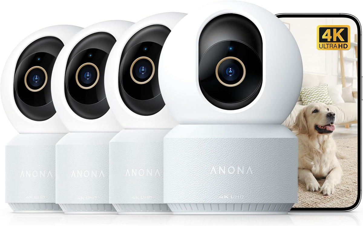 Anona 4K UHD Interior Cámara de Seguridad para Mascotas/Perros/Bebés con App para Teléfono, Pan-Tilt 360°, Wi-Fi 6 Doble Banda 2.4G/5G, Seguimiento Automático, Detección de Persona/Mascota/Bebé Llanto, Modo Privacidad, Audio Bidireccional, Paquete de 4