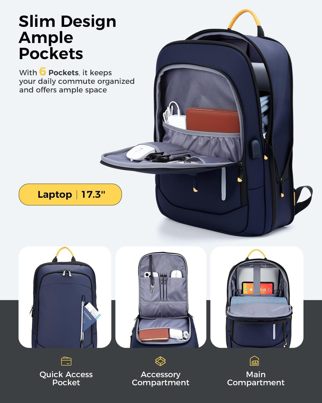 Lekespring Mochila delgada para laptop para hombre, Azul, 17,3 pulg.