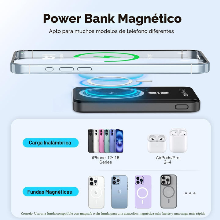 Banco de energía magnético de 5000 mAh, cargador portátil magnético...