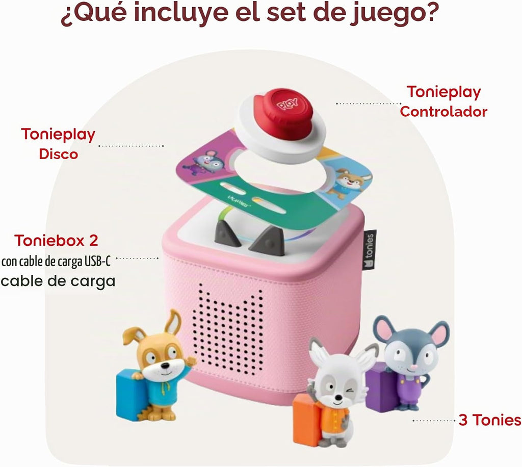 Toniebox 2 Audio Player Bundle para Kids 3+ con Lalalinos Akio, Cosmo, Scout Figurines y Tonieplay Game & Controller - Cloud Pink